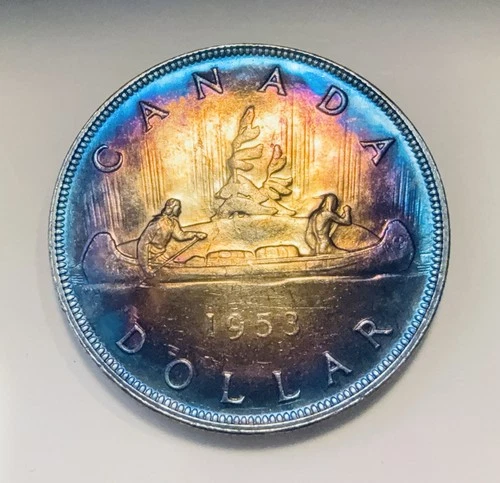 1953 Canada Silver Dollar - Uncirculated Monster Rainbow Toned Bullseye Toner