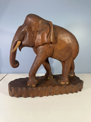 Vintage Hand Carved Wooden Elephant Large Heavy 12.5 x 13 