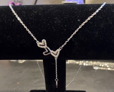 925 Sterling Silver Chain Necklace w/ Double Heart Charm Pendant