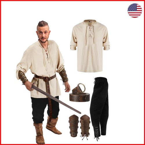 Men's 4 Piece Renaissance Costume - Cotton Medieval Outfit with Accessories