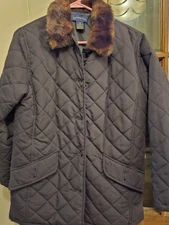Charter Club Ladies Black Quilted Coat w/ Fur Collar. Sz Med