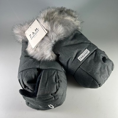 7 A.M. Enfant Warmmuffs Stroller Mittens Gray Herringbone Faux Fur Trim NWT