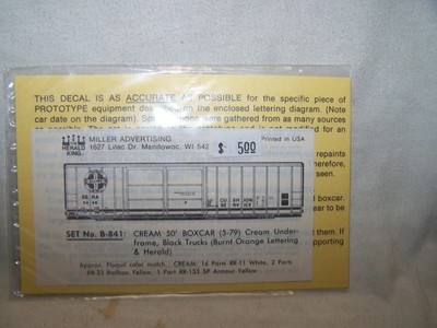 The Herald King #B-841 HO Scale Decal Seirra RR 50' Cream Boxcar(1 Set)