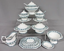 Antique English Child's Toy Green Transferware Ironstone Dinner Set 23 Pcs 1860s