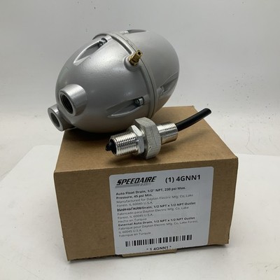 NEW SPEEDAIRE 4GNN1 AUTO FLOAT DRAIN, 1/2  NPT, 230 PSI MAX PRESSURE, 45 PSI MIN