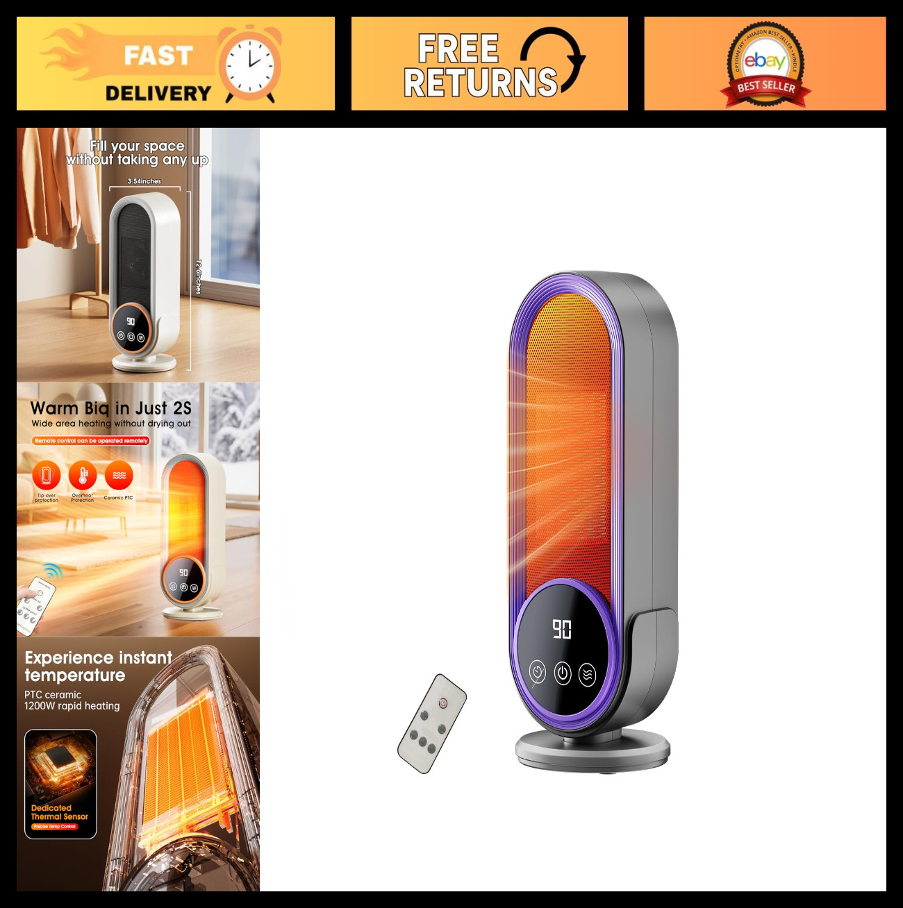 Energy Efficient Portable Space Heater - 1200W Ptc Rapid Heating, Remote &Amp; Timer