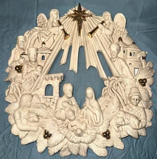 BEAUTIFUL LARGE PORCELAIN NATIVITY SCENE WREATH STYLE PLAQUE FROM NUNS CONVENT