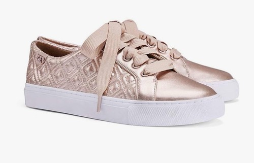 Tory Burch Marion Quilted Metallic Gold Leather Lace-up Sneakers  Shoes 8 - Picture 1 of 14