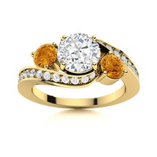 925 Silver Gold Plated 5MM Round White Topaz  Citrine Three Stone Women Ring