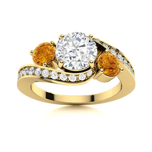 925 Silver Gold Plated 5MM Round White Topaz & Citrine Three Stone Women Ring