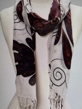 La Fiorentina Birds Pattern Scarf 100% Wool Purple Gray Fringed Ends Never Worn