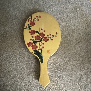Lot of 2 Oval Handheld Vanity Mirrors, Floral Design, Red & Gold