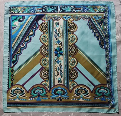 SCARF VINTAGE AUTHENTIC CODELLO LOGO AZTEC ART BLUE GREEN SILK 21'' SQUARE SMALL