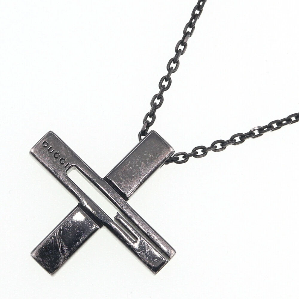 Gucci Collana Ritaglio Croce G 228363 Nero SV Argento Sterling 925 Rutenio