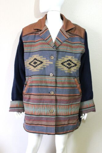 VTG 80s Lady James Aztec Tribal Wool Leather Tapestry Jacket Coat XL Unisex - Picture 1 of 8
