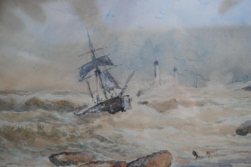 Robert Ernest Roe (fl. 1860-1900) Acuarela. Barco en apuros en la costa - Imagen 3 de 6