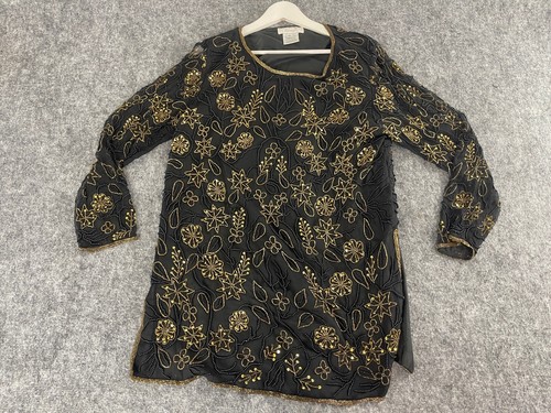 Vintage Papell Boutique Abend Shirt Damen XL Tunika Bluse Perlen Top N156
