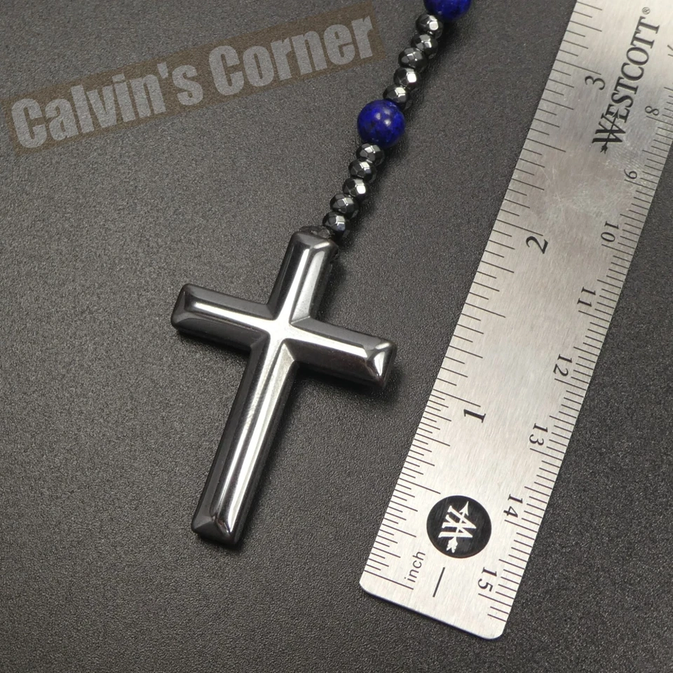 Lapis Lazuli Black Hematite Rosary Necklace Catholic Christ Cross Men Women Gift - Image 3 of 4