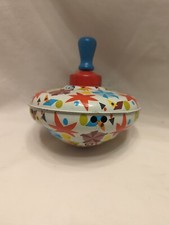 Vintage Metal Spinning Top w/Wooden Handle Colorful Stars VERY FUN