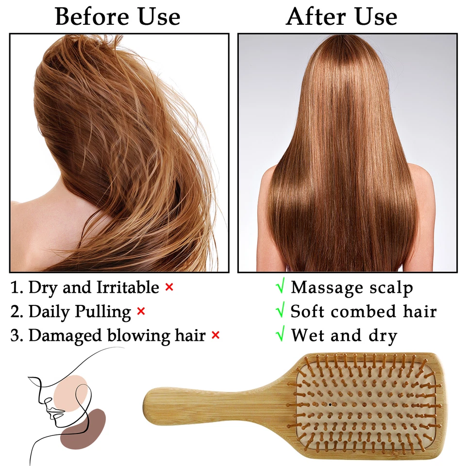 Cepillo de pelo rizado recto cabeza masaje airbag bambú antiestático profesional cuero cabelludo Foto 3 de 4