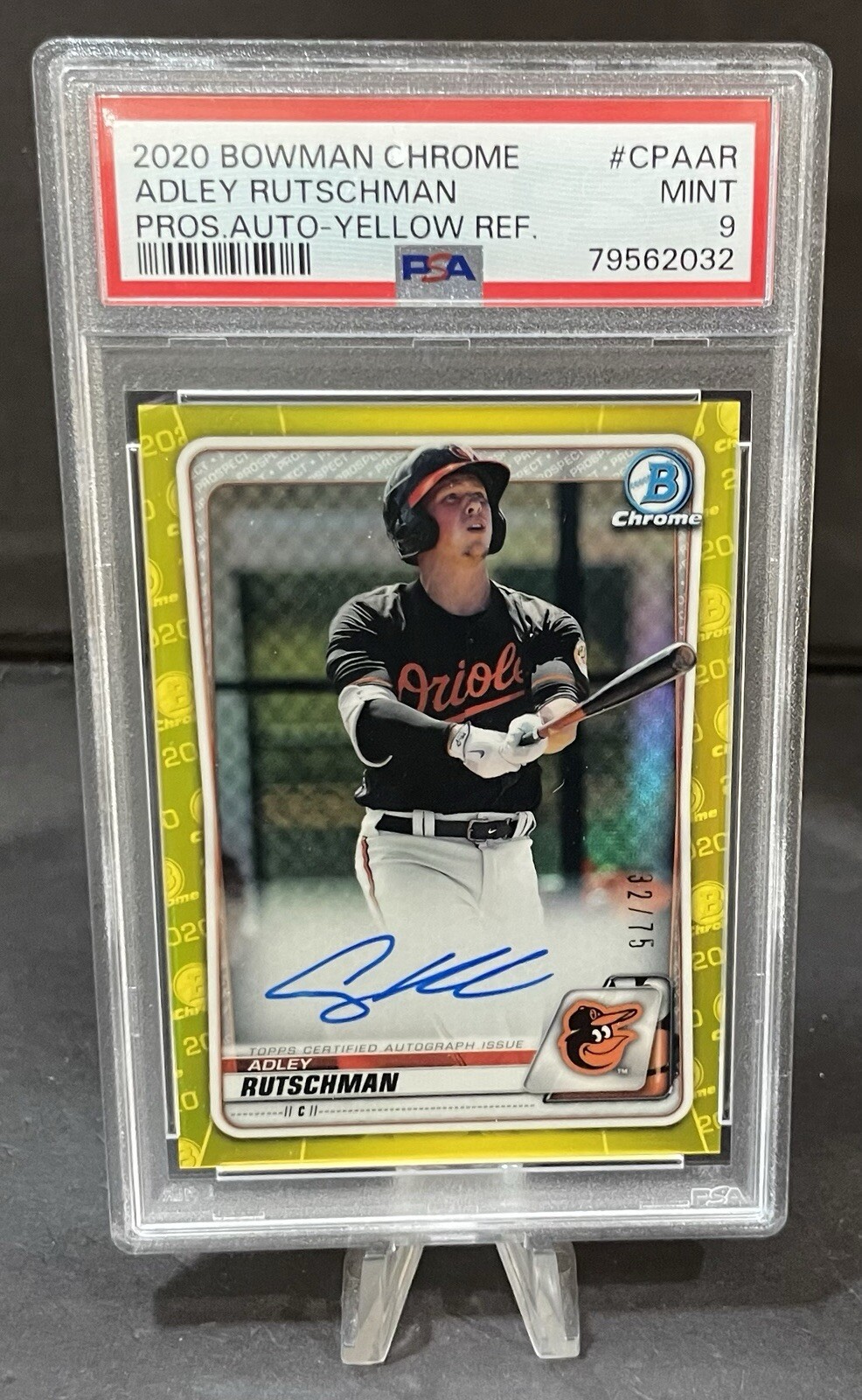 2020 Bowman Chrome Adley Rutschman Prospect Autograph Yellow Refractor /75 PSA 9