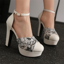 Women's Closed Toe Sandals Snake Print Ankle Starp Buckle Block Platform Pumps