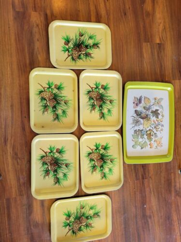 Set Of 7 MCM Vintage Metal Pinecone Lap Trays Tv Trays 1 large serving and 6 lap - Picture 1 of 10