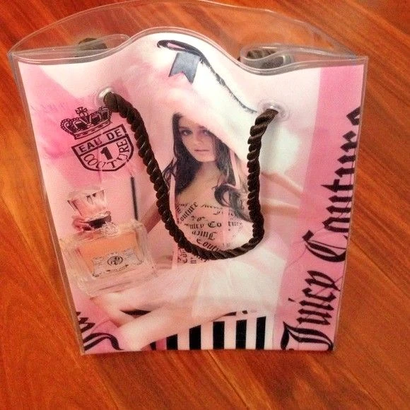 JUICY COUTURE ВИНИЛ КОСМЕТИЧЕСКИЙ СУМКА С КОРОТКИМИ РУЧКАМИ ОБЕД СУМКА ПОДАРОК ВЕРЕВКИ РУЧКА ПРОЗРАЧНЫЙ НОВЫЙ  - Изображение 2 из 4