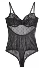 I.N.C. International Concepts Womens Sz L Monogram Sheer Mesh Bodysuit Black