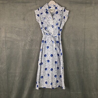 Vintage LIZA GRAY Dress Blue Polkadots Ruffle Tie Midi Woman Sz EU:38 US:6 