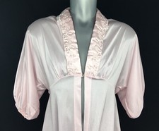 Vintage Long Robe Women M Sheer Pink Nylon Satin Eyelet Trim Made In USA