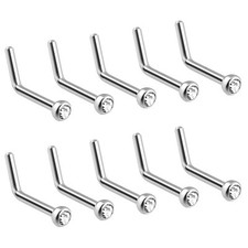 10 Pc Surgical Steel L Bend Stud Nose Ring with Clear Press Fit 2 mm CZ Gems