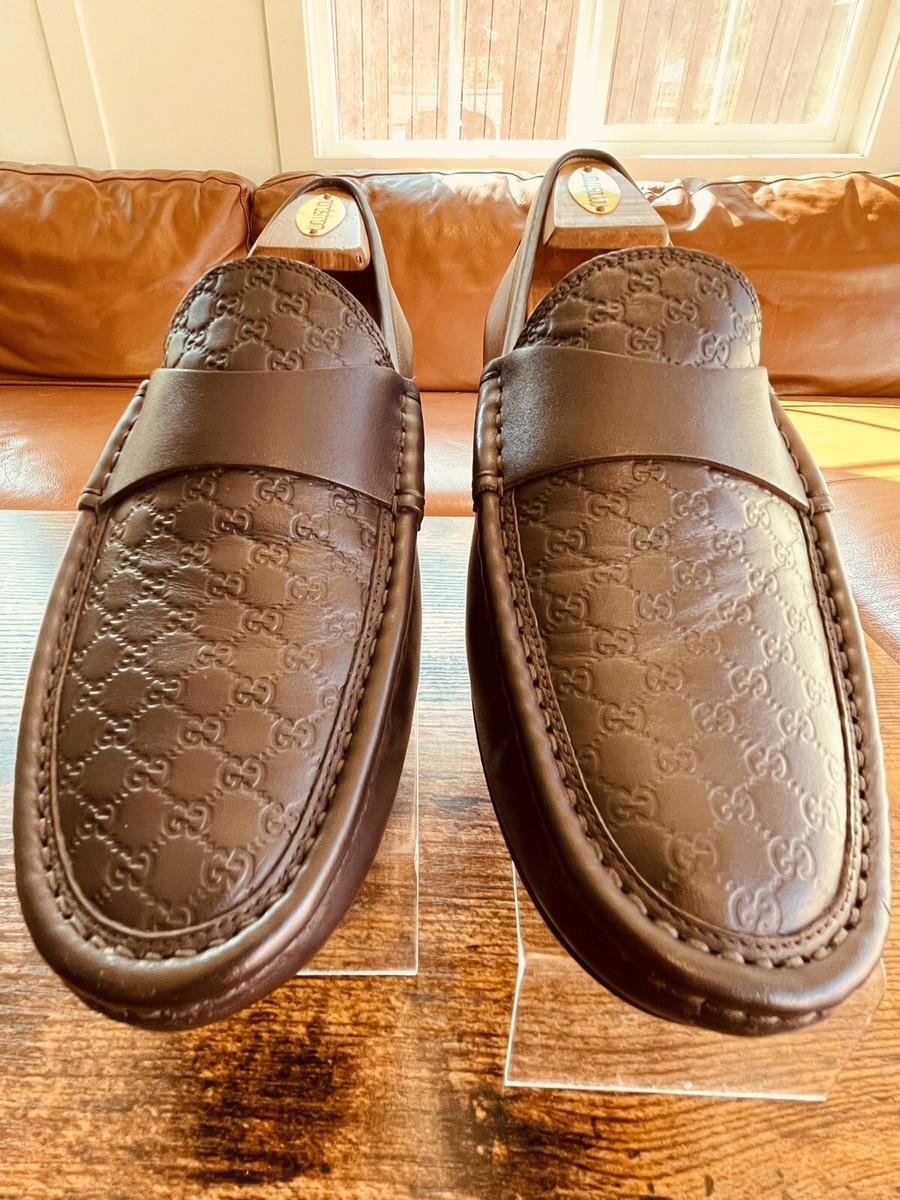 GUCCI Guccissima Embossed GG Brown Driving Loafer 466904 Size UK 7