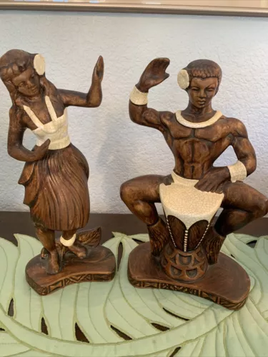 Treasure Craft of Hawaii Vintage 1960s Ceramic Hula Dancer Drummer Figurines VGC