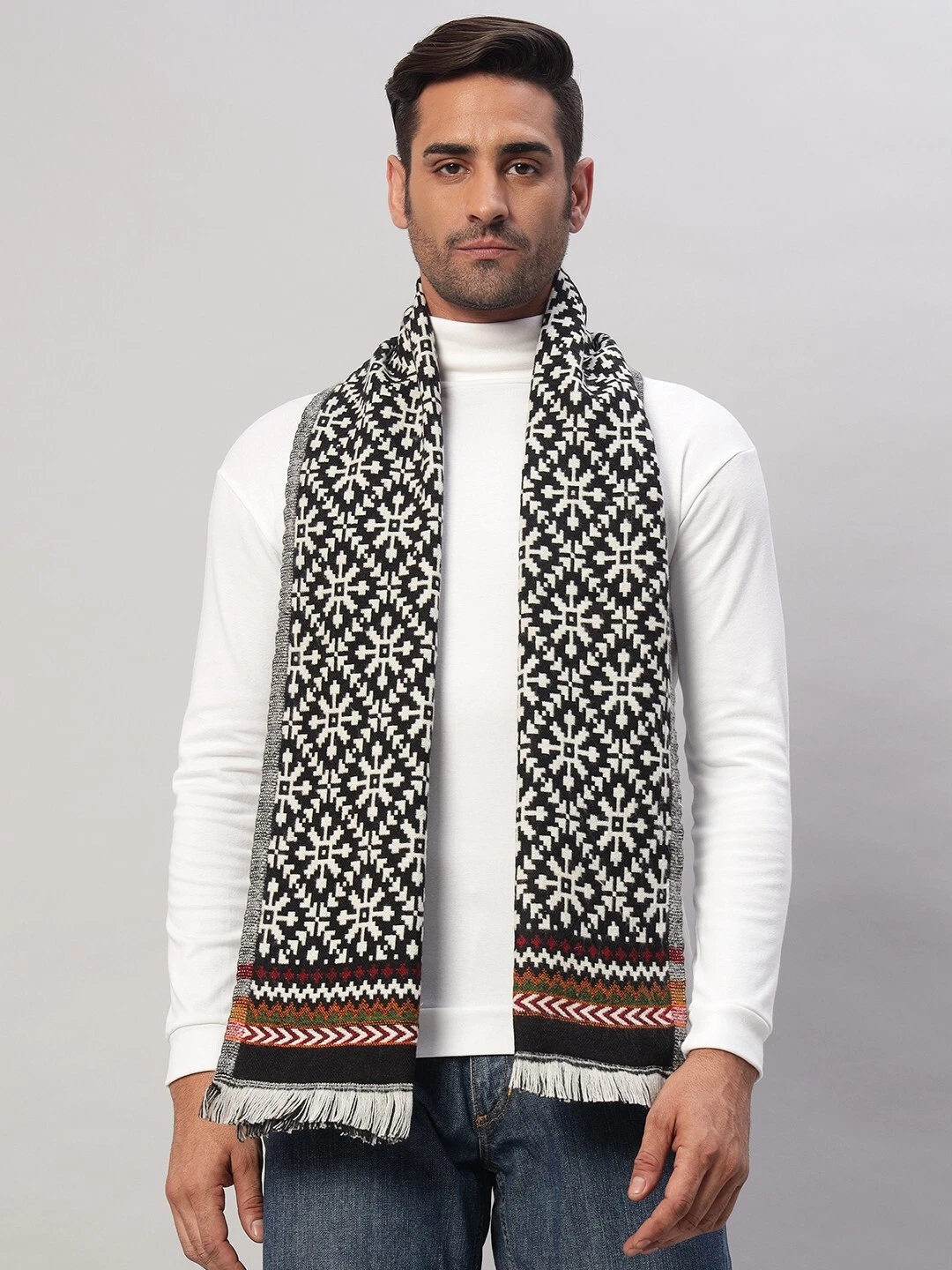 Men Black Cashmere Winter Warm Soft Scarf India Made Scarves Wrap Fair isle Wool