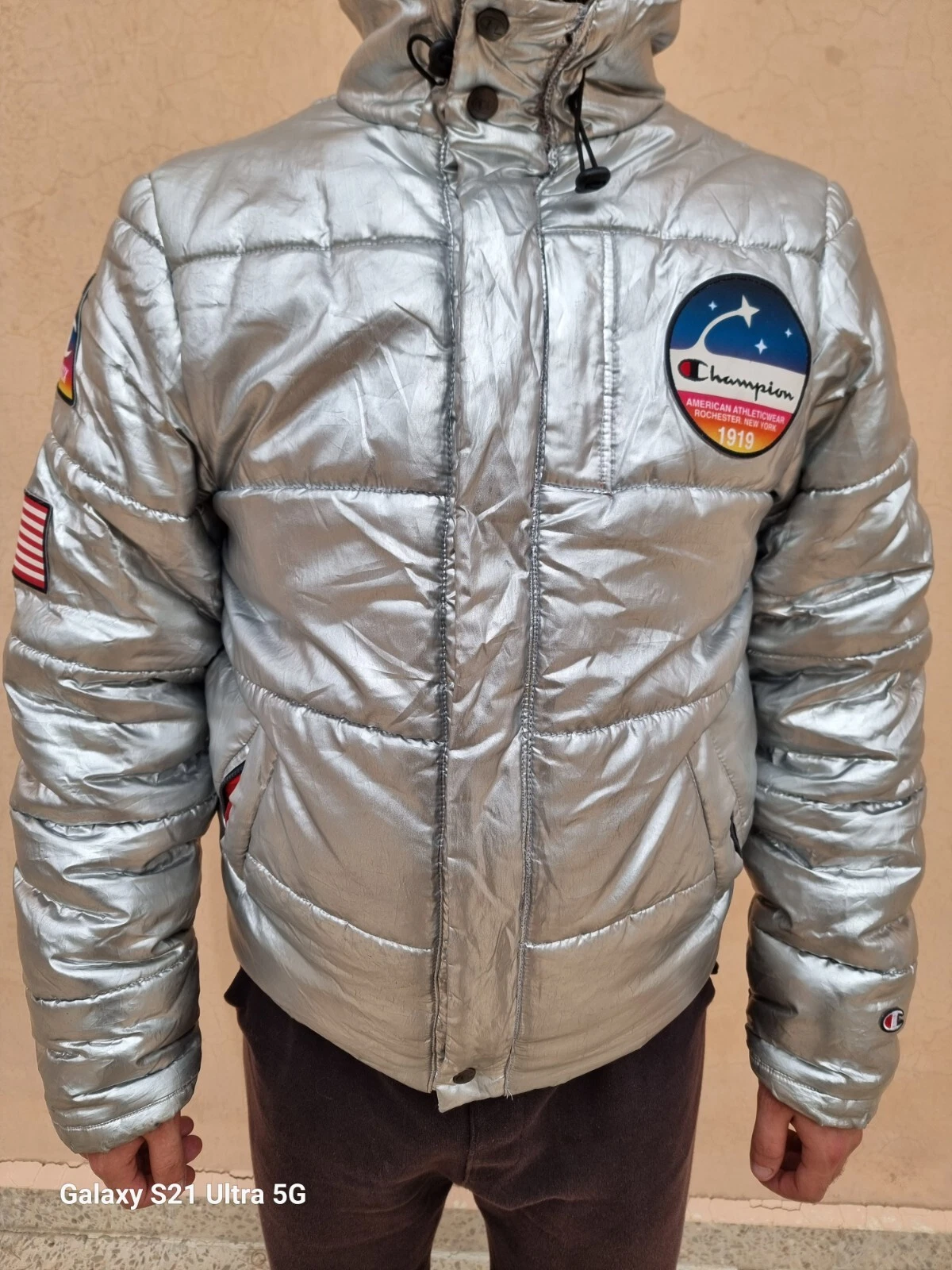 Veste manteau gonflé Champion NASA argent métallique chrome hommes S avec étiquettes rare