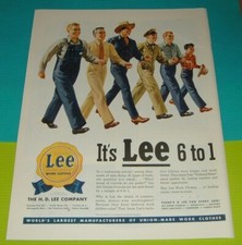 1946 PRINT AD / H.D. LEE JEANS UNION MADE WORK CLOTHES Denim Overalls Dungarees