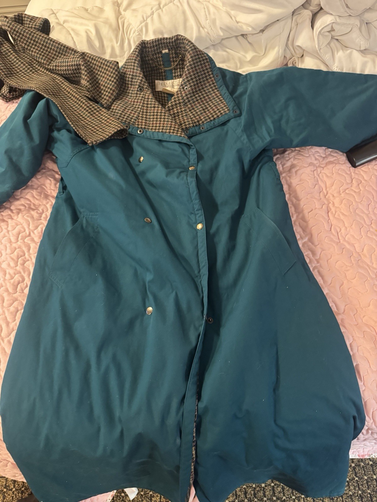 Thermaster Teal Brown Collared Button Coat wool L… - image 14