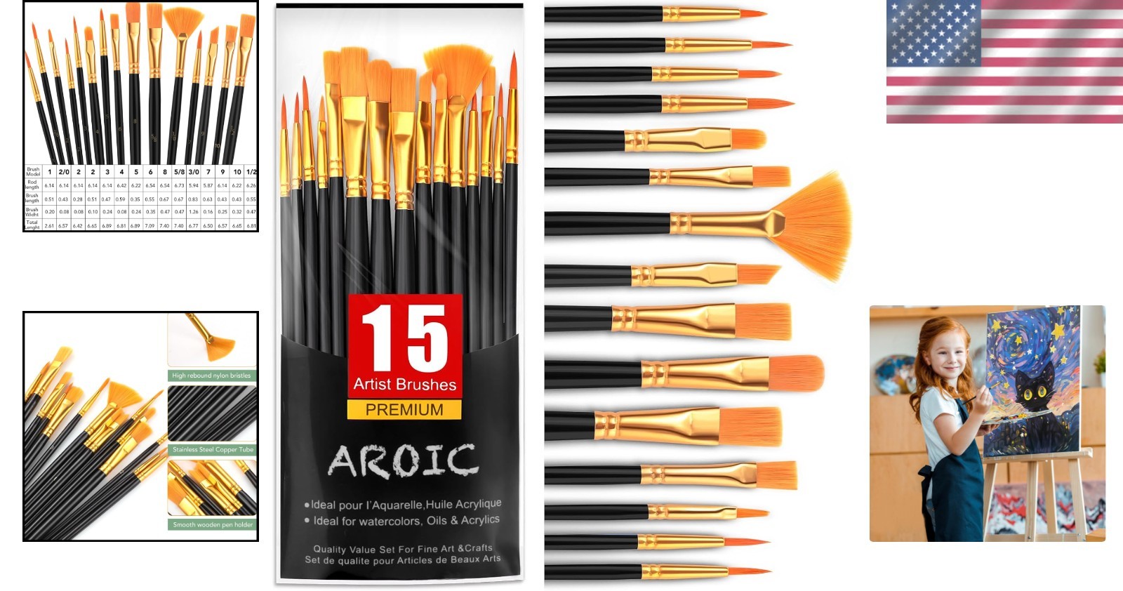 Professional Artist Brush Set - 15 Durable Brushes for Acrylic & Watercolor
