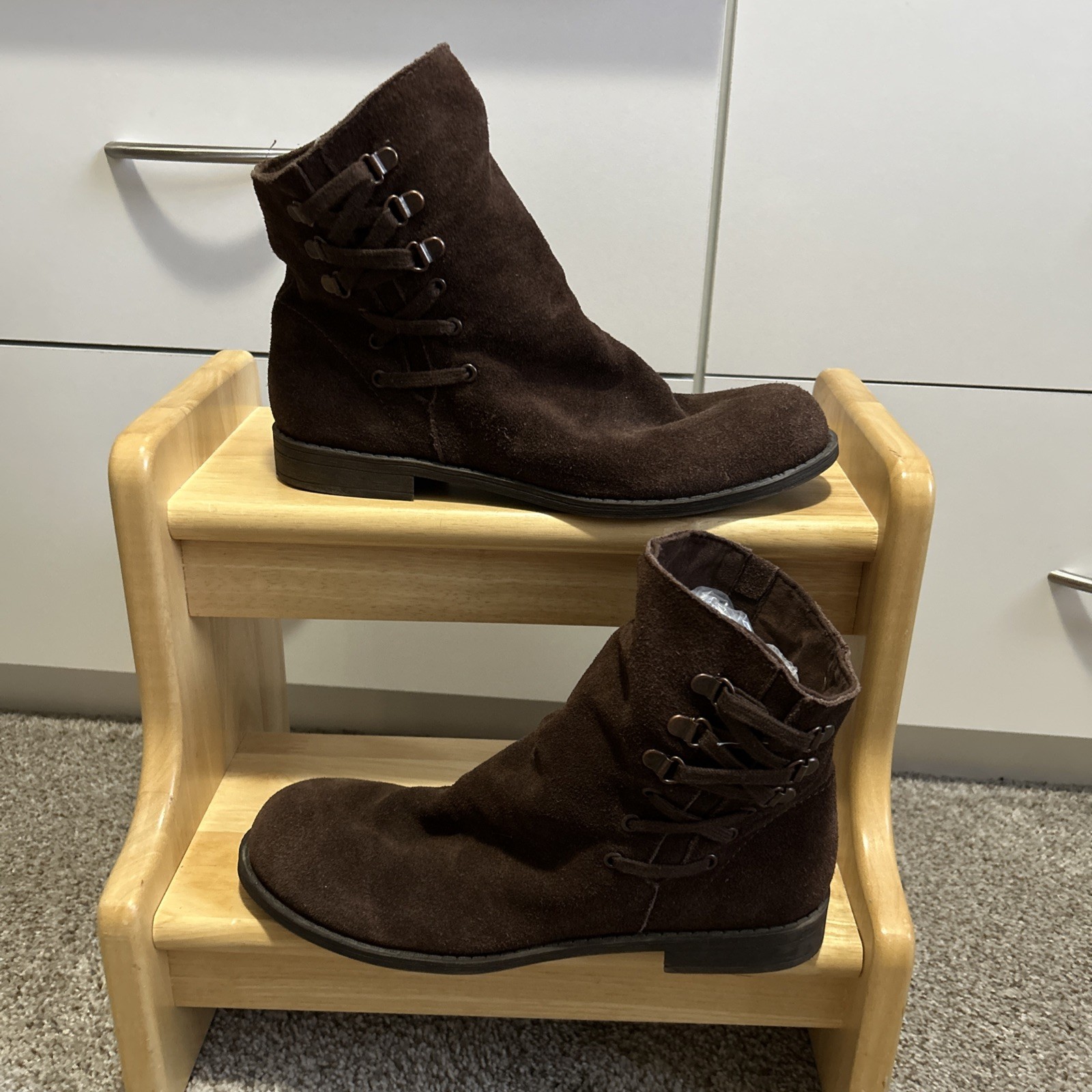 Nine West Brown Suede Ankle Boots 9.5 Decorative Lace Up Side