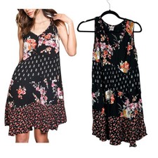 Bila Boho Tiered Baby Doll Flowy Dress Floral Cottage Black Size Small
