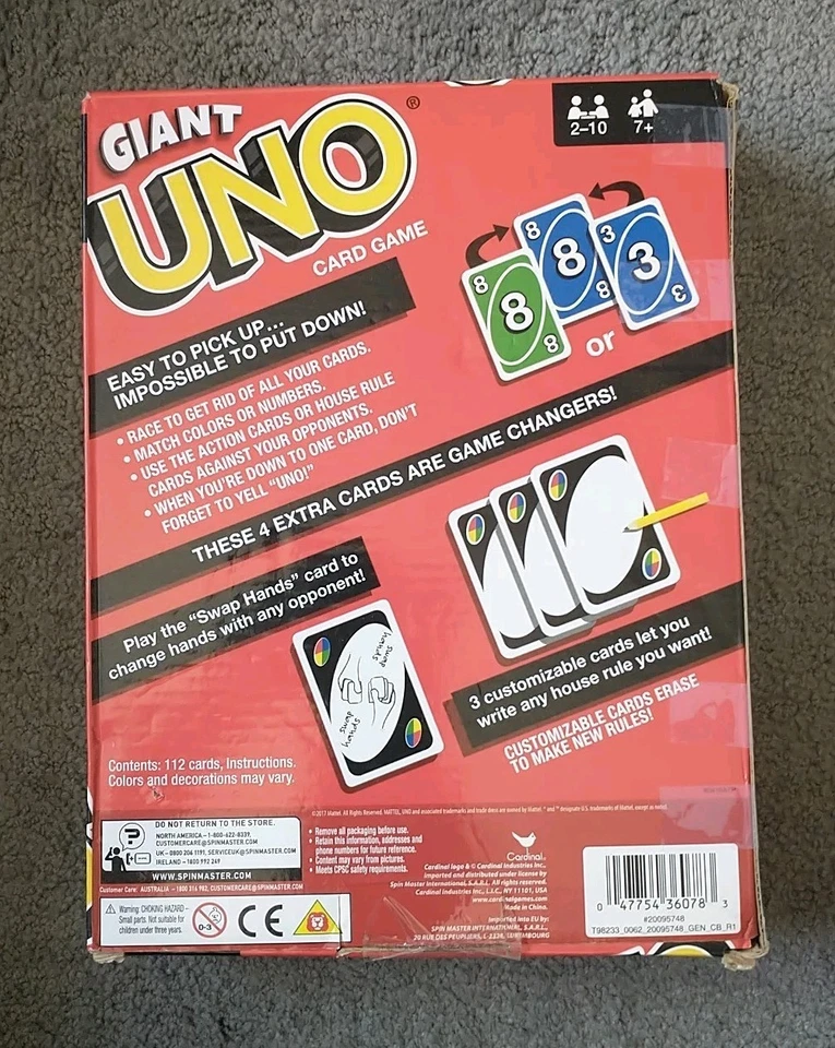Giant Uno Playing Cards. 7.4 X 10.1. Made By Cardinal/Mattel. - Image 3 of 4