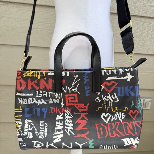 DKNY Graffiti Print Shoulder Bag Dual Handles New York Street Art Zip Crossbody