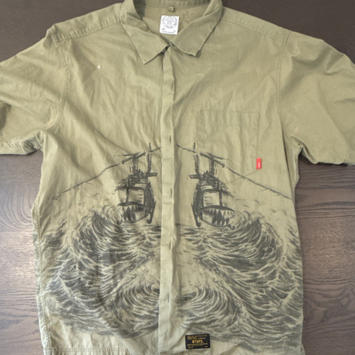 WTAPS Men’s L Green Helicopter Graphic Print Cotton Woven Button-Up Pockets