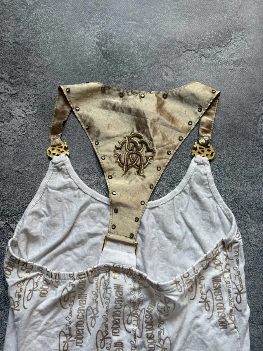 Vintage Roberto Cavalli Y2K McBling White Gold Logo Halter Tank Top