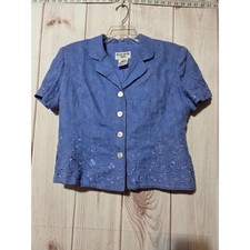 Plaza South Petite Blue Linen Blend Embroidered Short Sleeve Blazer Top Size 12P