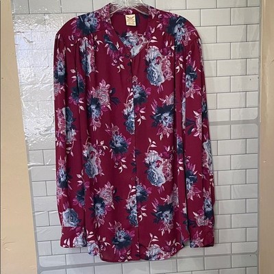 Faded Glory Maroon Blue Floral Long Sleeve Button Up Blouse semi sheer Shirt 2X 