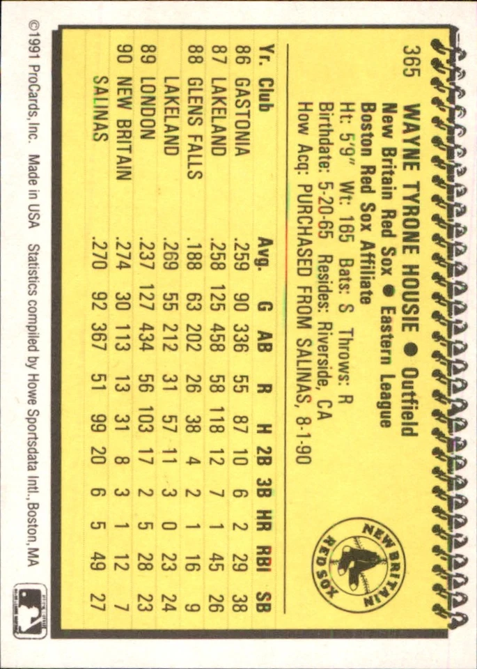 Wayne Housie 1991 ProCards #365 RC New Britain Red Sox *AutographDen* - Image 2 of 2