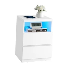  Nightstand with Adjustable LED Light, 1 PACK Cloud White 2 Drawer + LED Lights