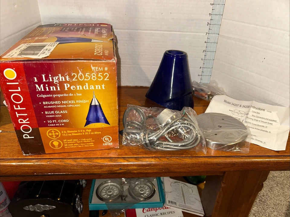 NUEVO Portafolio Mini Colgante Luz VIDRIO Níquel Cepillado Azul Cobalto Pantalla de Vidrio Foto 3 de 4